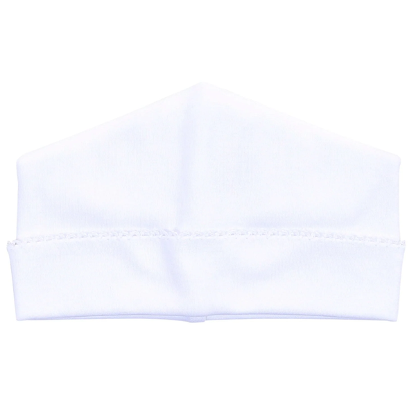 A white knit cap or headband with a folded cuff and short fringe trim, shown against a plain white background.