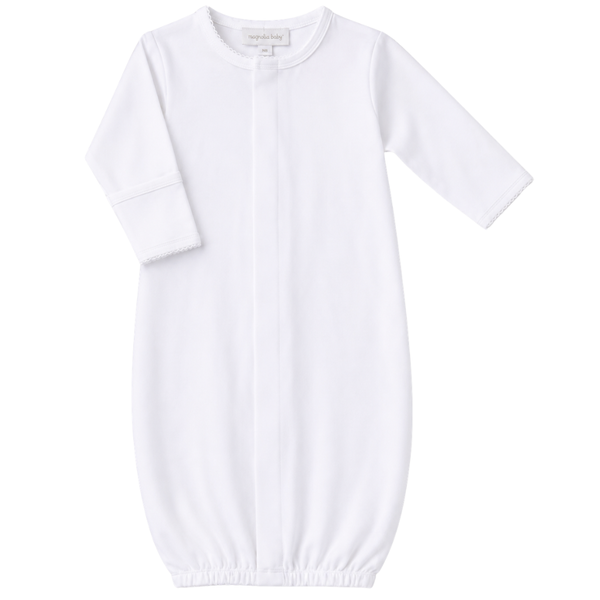Magnolia Baby Essentials Solid White Converter Gown for newborns on a white background