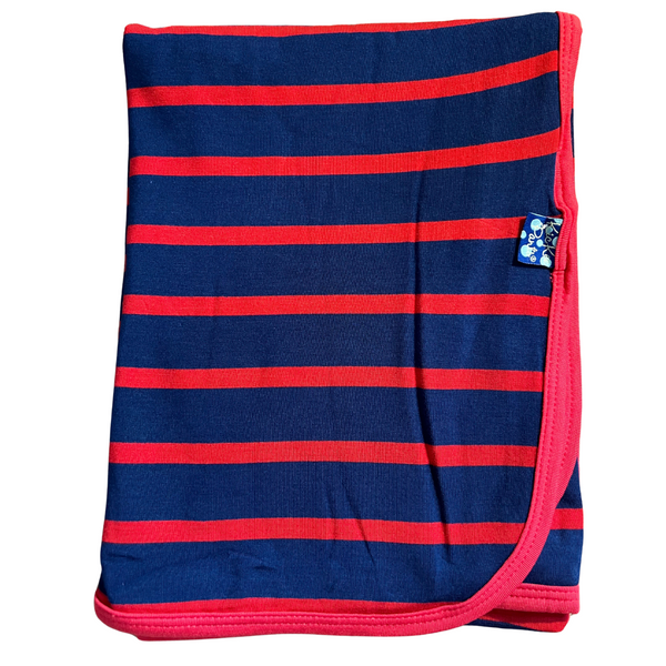 bamboo swaddle blanket navy with red stripes and trim