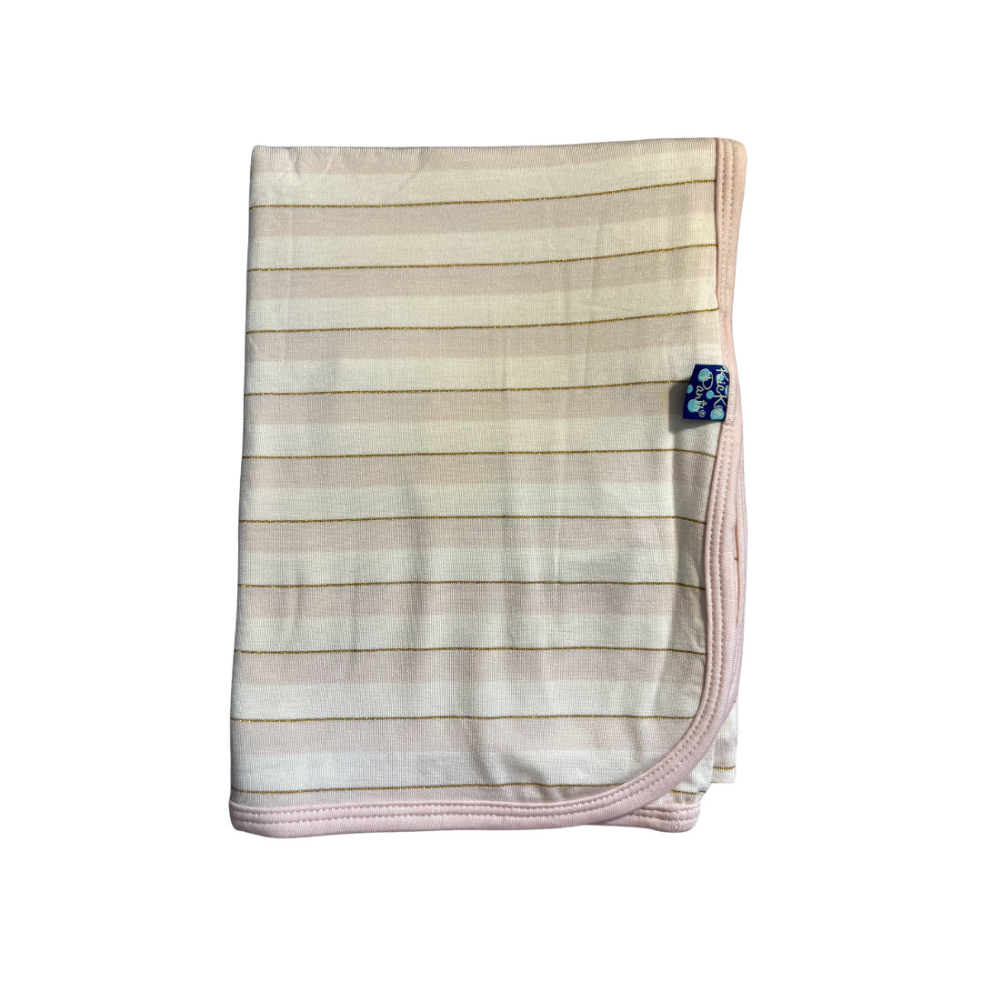 bamboo swaddle blanket 29" x 40", white and pink stripes with a thin gold sparkle stripe, trimmed in the  pink.