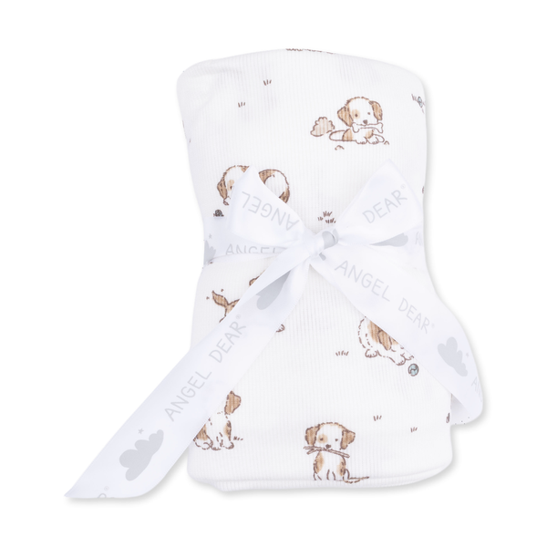 Neutral puppy baby swaddle blanket with small dog print, soft lightweight newborn blanket