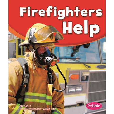 Cover of “Firefighters Help” showing a firefighter in full gear and mask standing in front of a fire truck.
