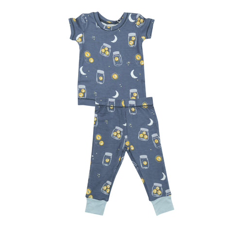 Blue loungewear set with fireflies in jars