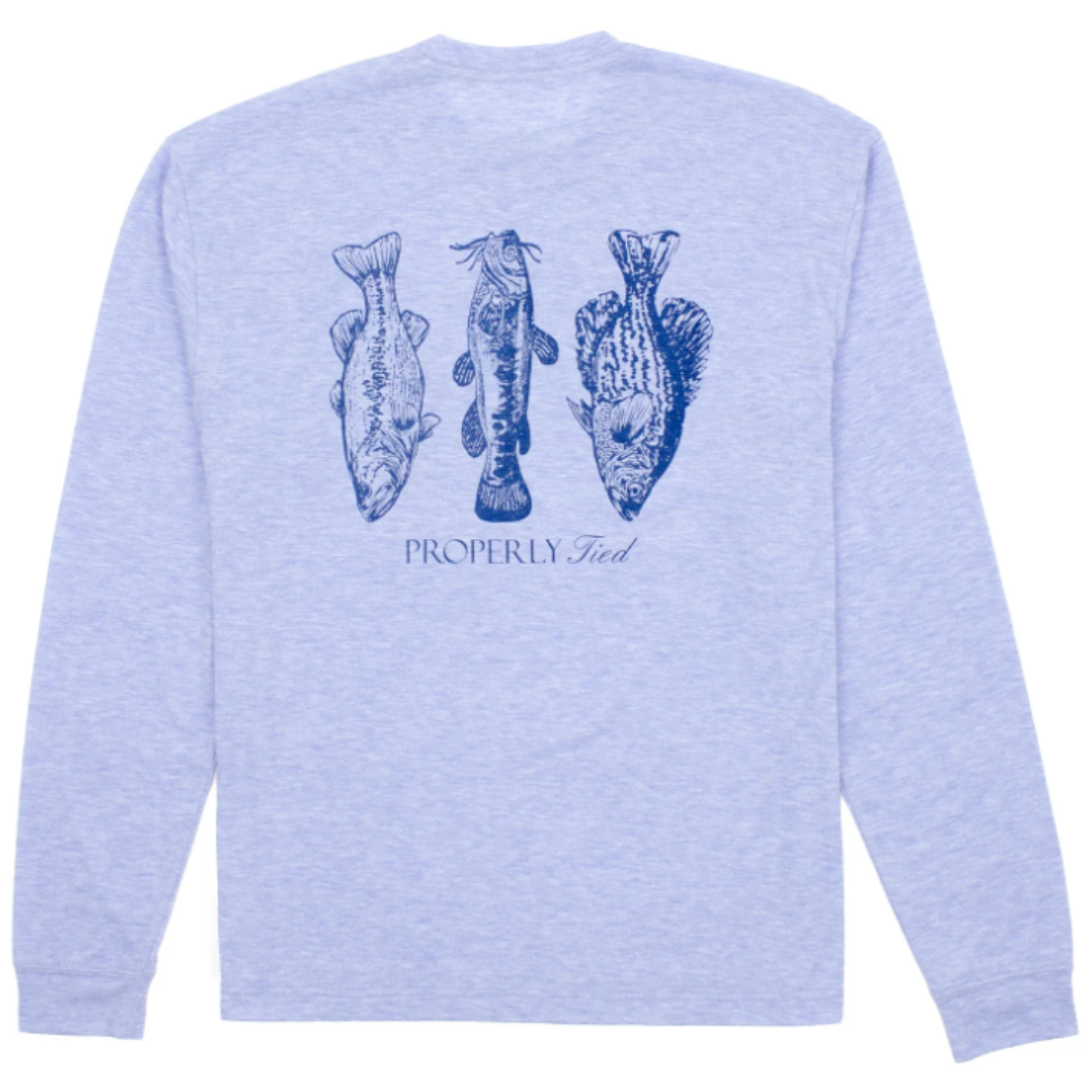 light blue long sleeve graphic tee with 3 species of fish in a vertical row and the properly tied logo below it