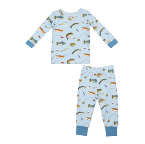 Blue long sleeve loungewear set with fish and fishing poles