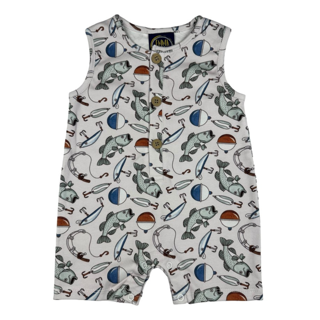 white shortall with fishing print with fish and fishing lures
