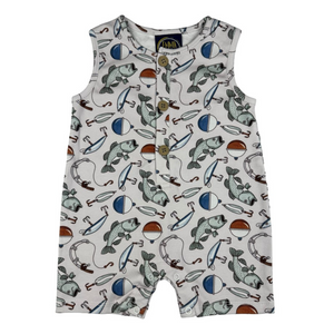 white shortall with fishing print with fish and fishing lures