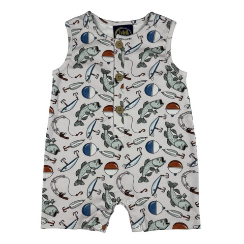 white shortall with fishing print with fish and fishing lures