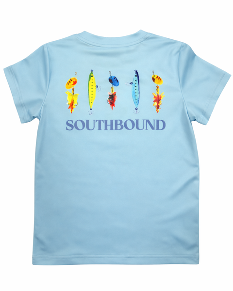 Light blue t-shirt with colorful fishing lure graphics and 'Southbound' text on underneath the graphic