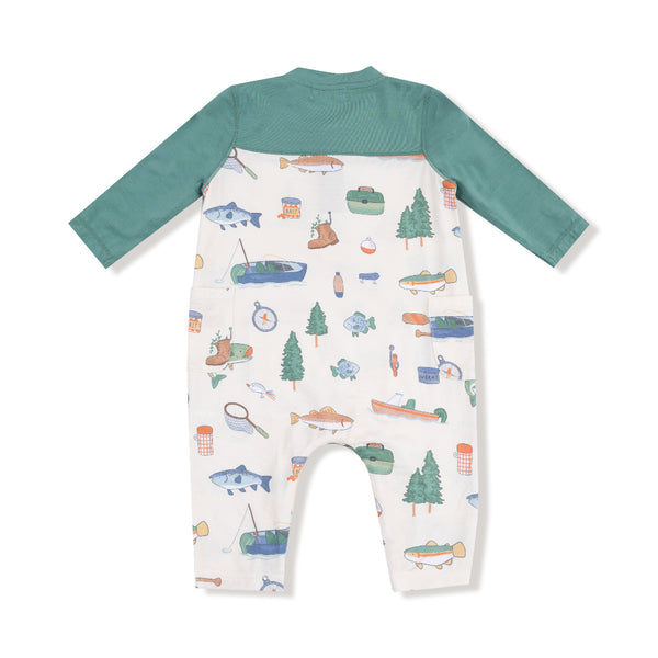 Back view of the same romper showing the full pattern across the back and legs