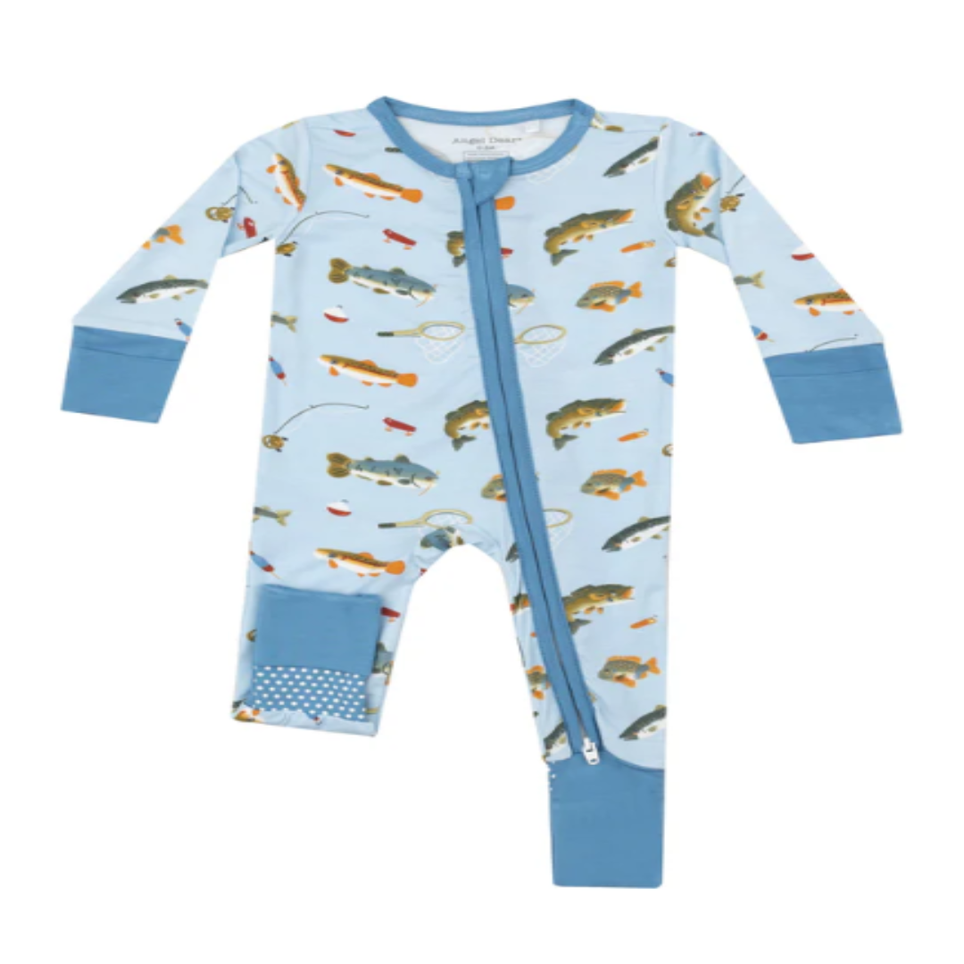 Blue romper with fish and fishing pole print
