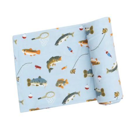 Blue swaddle blanket with fish and fishing pole print
