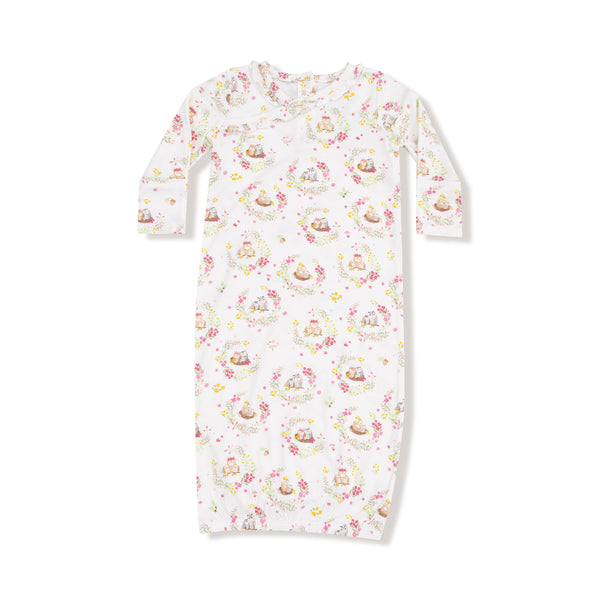 Floral Owl Families bamboo baby gown with ruffle collar, long sleeves, and elastic bottom, featuring pink and green floral owl print.










