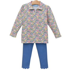 solid blue knit pull on pant with scalloped hem and a long sleeve floral knit quarter zip pullover.