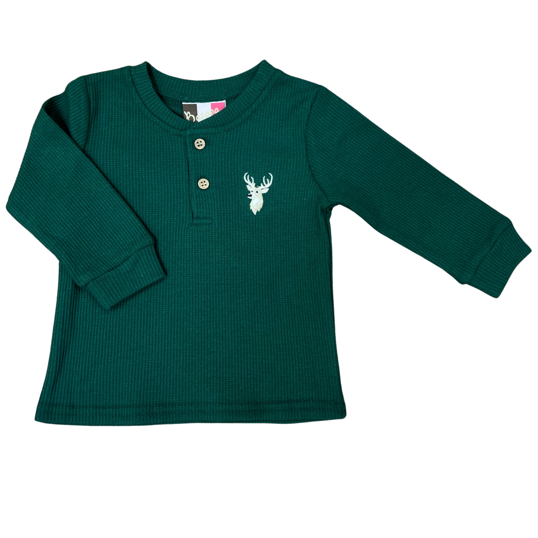 Long sleeve waffle knit henley tee with 2 button accent  and a deer head and antlers embroidery
