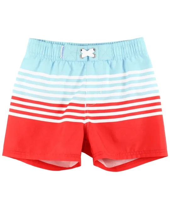 swim trunks in a light blue, white and red stripe