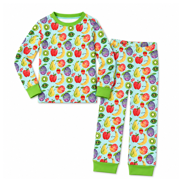 Kids bamboo pajama set with colorful fruit print including apples, bananas, and pears with green trim.