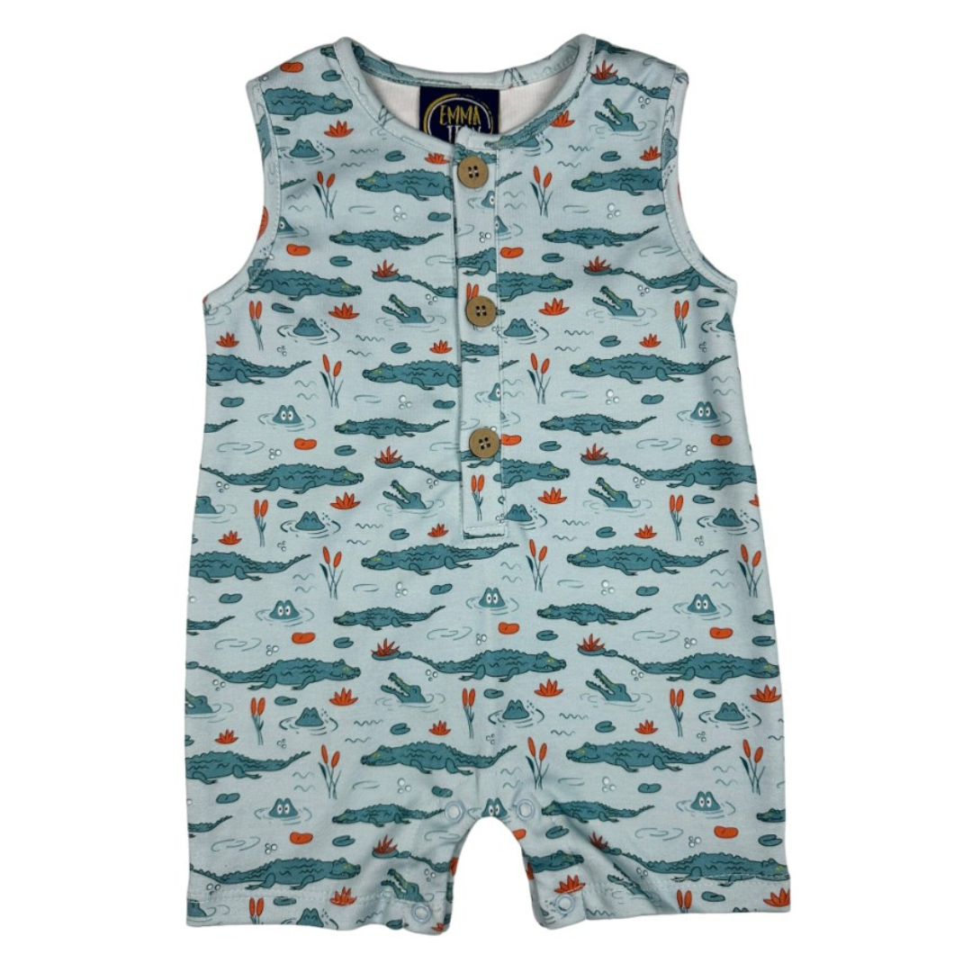 blue shortall with gator print