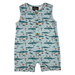 blue shortall with gator print