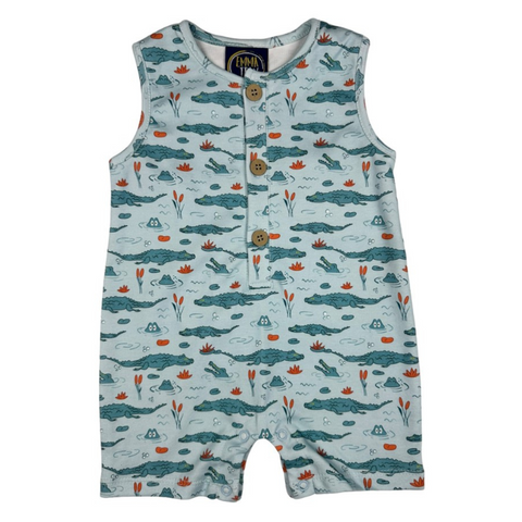 blue shortall with gator print