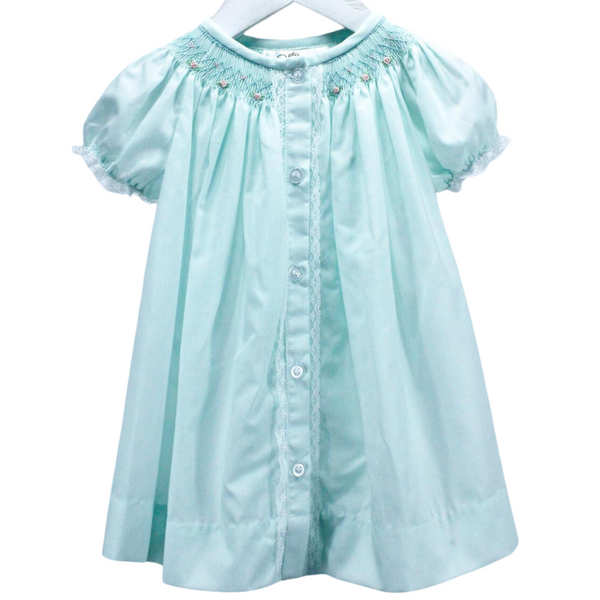 traditional style day dress for girl in a soft mint. Lace touches at the button placket and sleeve with bullion roses smocked at the neckline