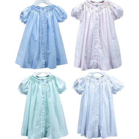traditional style day dress for girl in white, pink, blue or mint.  Lace touches at the button placket and sleeve with bullion roses smocked at the neckline
