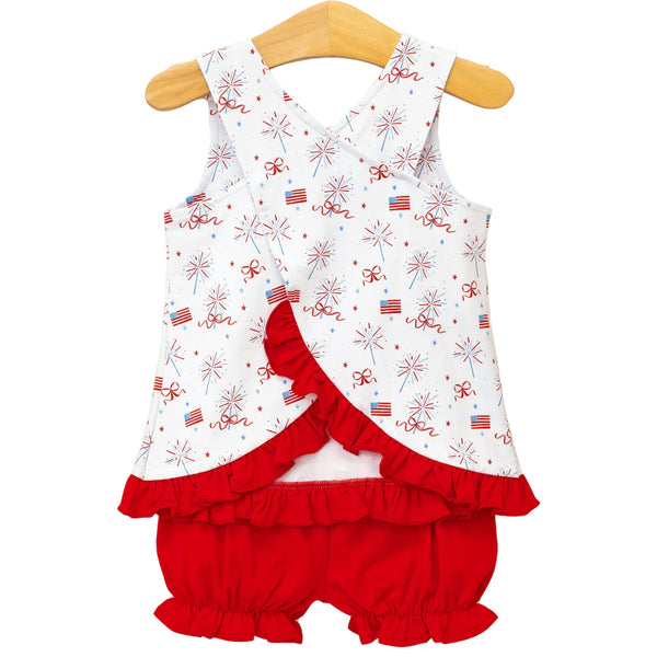 showing the crisscross back with red ruffles. 