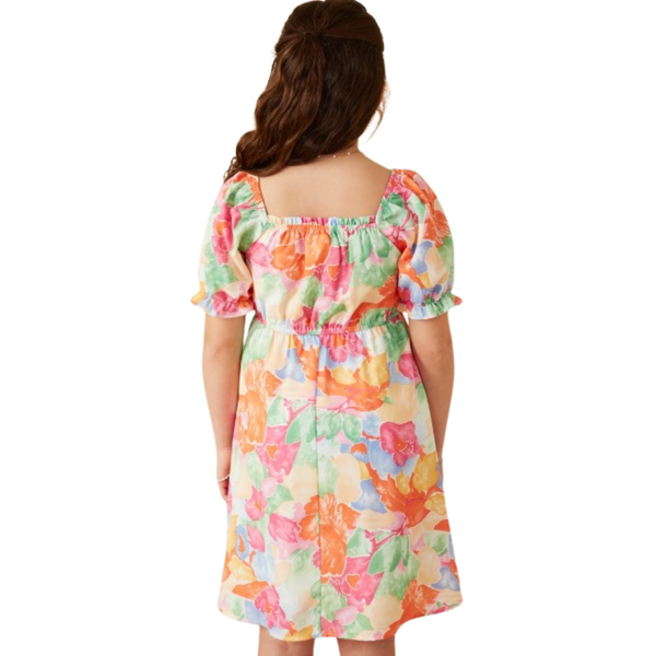 Back view of the girl showing the elasticized back and full floral print of the puff sleeve dress.