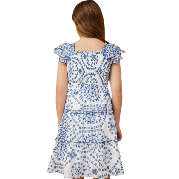 Back of the dress showing blue eyelet embroidery and tiered detail with scalloped ruffle sleeves.
