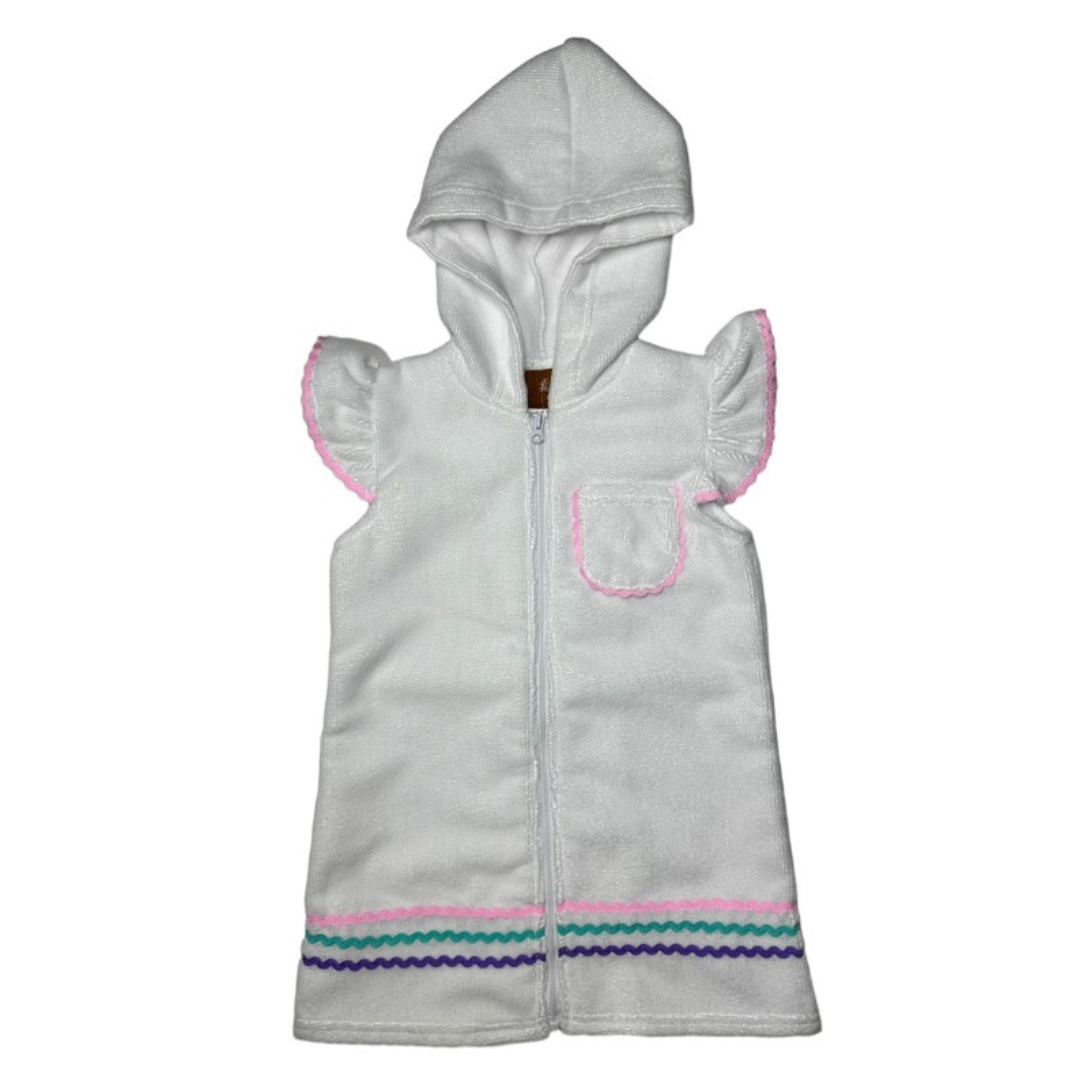 bathing suit cover up with pink ruffle sleeves and a pocket on the front. 