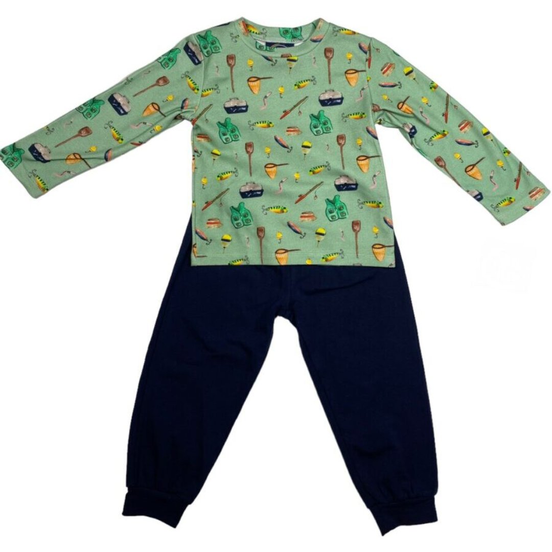 Green long sleeve top with fishing tools with matching joggers