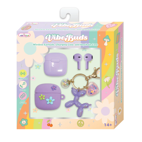 Pastel Vibe Buds wireless earbuds set with purple charging case, floral silicone cover, and charm keychain in colorful gift box.