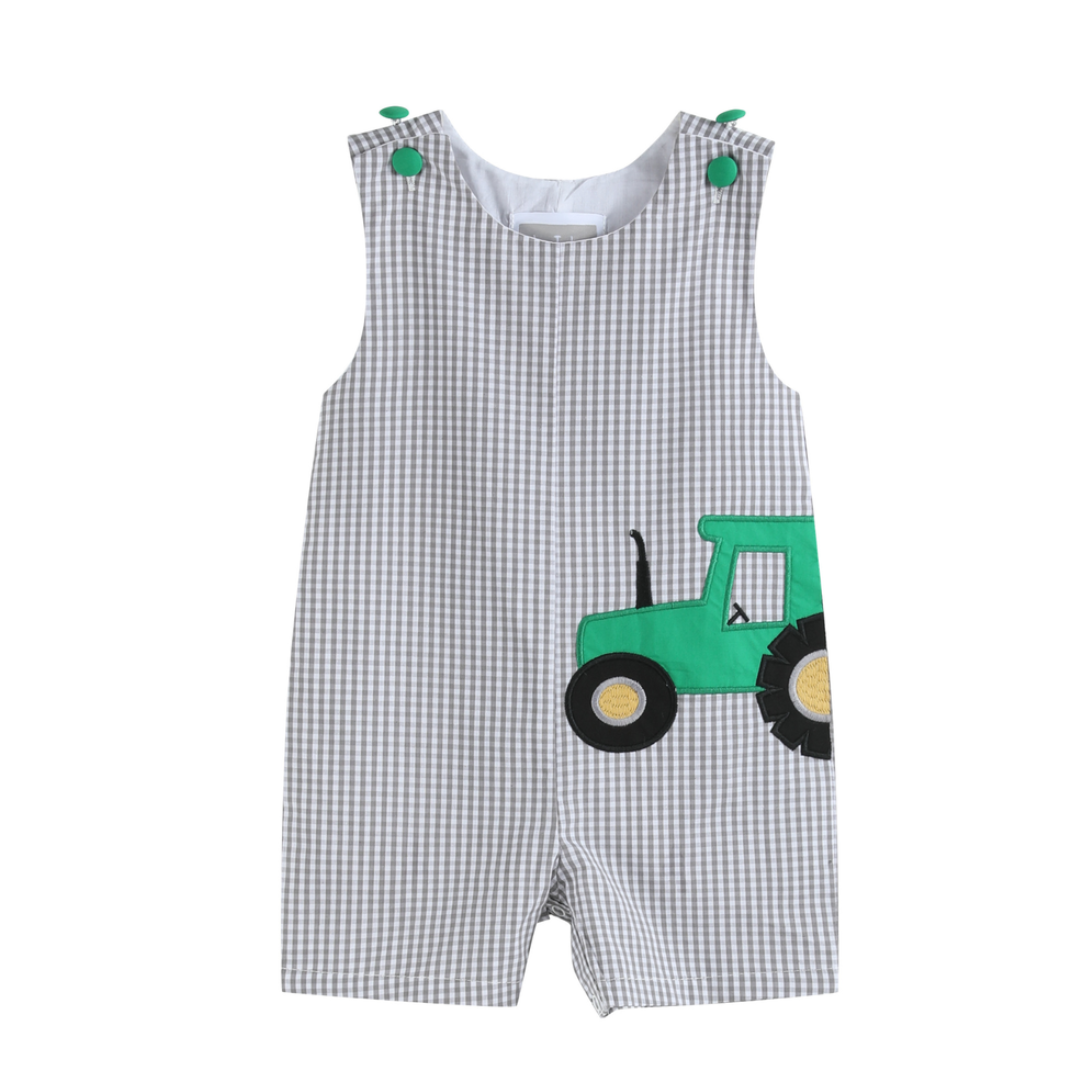 Grey Gingham Green Tractor Applique Shortall