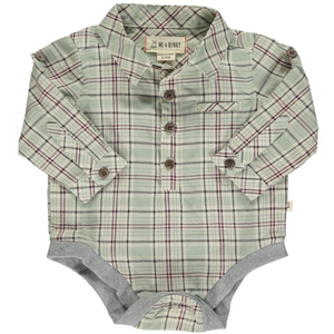 Green paid button down onesie