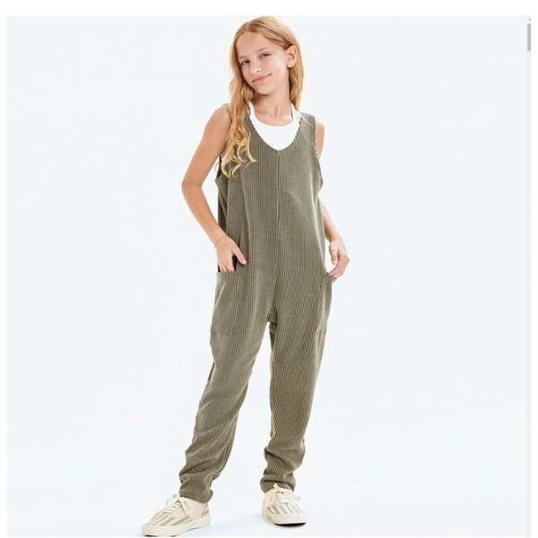 olive green stretchy ribbed knit pull on jumpsuit with large side cargo style pockets
