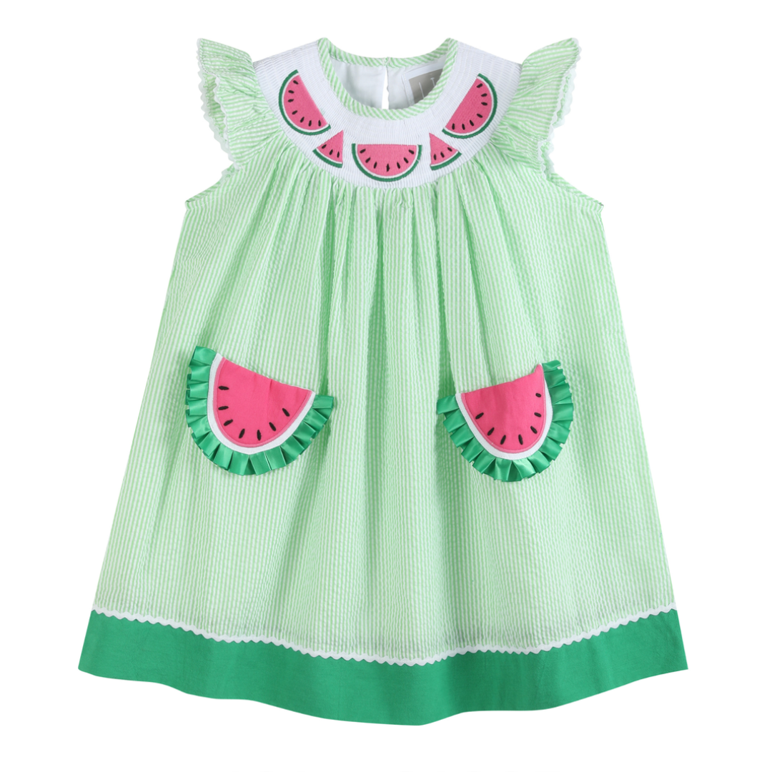 Green Seersucker Watermelon Smocked Bishop Dress