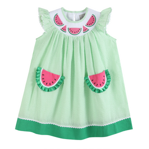 Green Seersucker Watermelon Smocked Bishop Dress