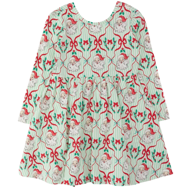 Girls green striped Christmas dress with Santa faces, red bows, and holly print, featuring a twirl skirt and large bow detail.