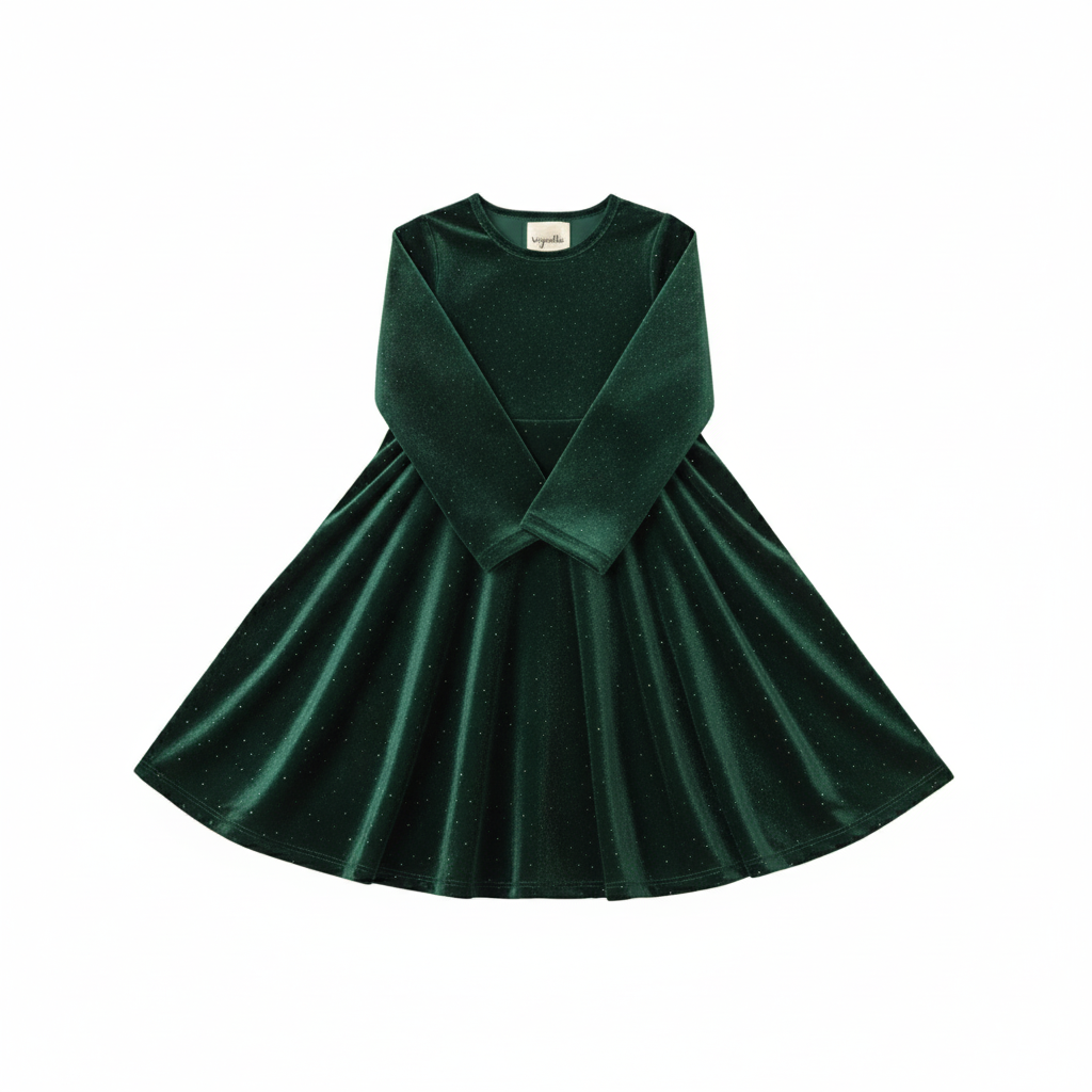 Long sleeve green velvet dress on a white background
