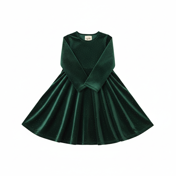 Long sleeve green velvet dress on a white background
