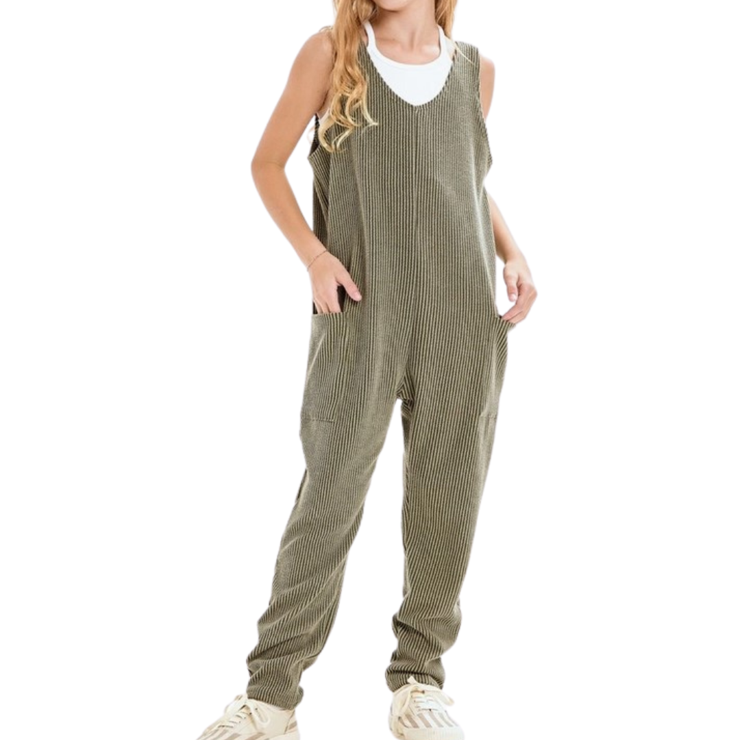 Olive Ribbed Sleeveless Jumpsuit