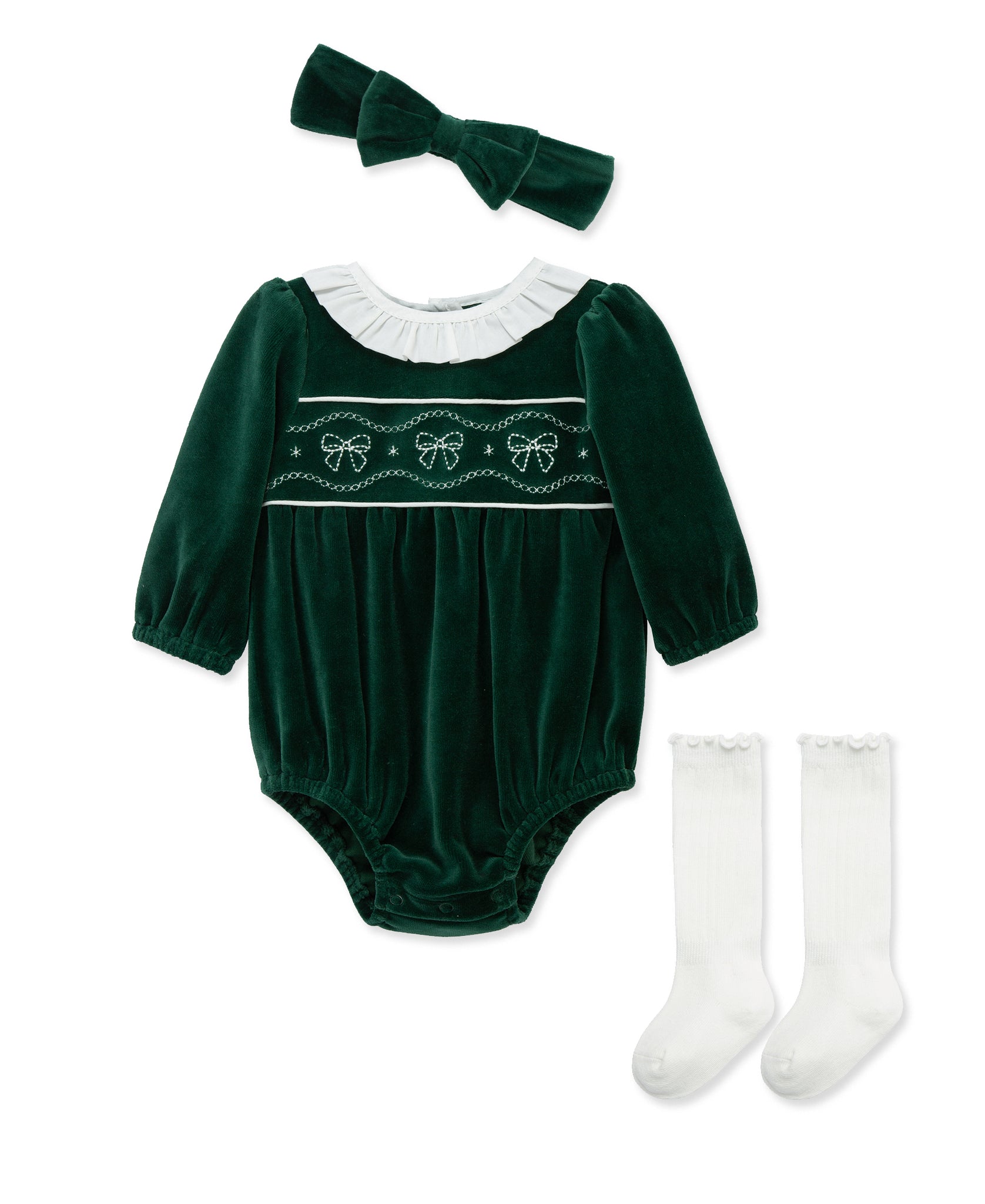 green bubble with bow stitching on the front with a matching headband and white knee high socks