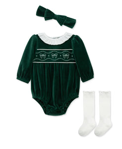 green bubble with bow stitching on the front with a matching headband and white knee high socks