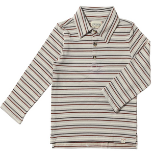 grey brown and black striped long sleeve polo