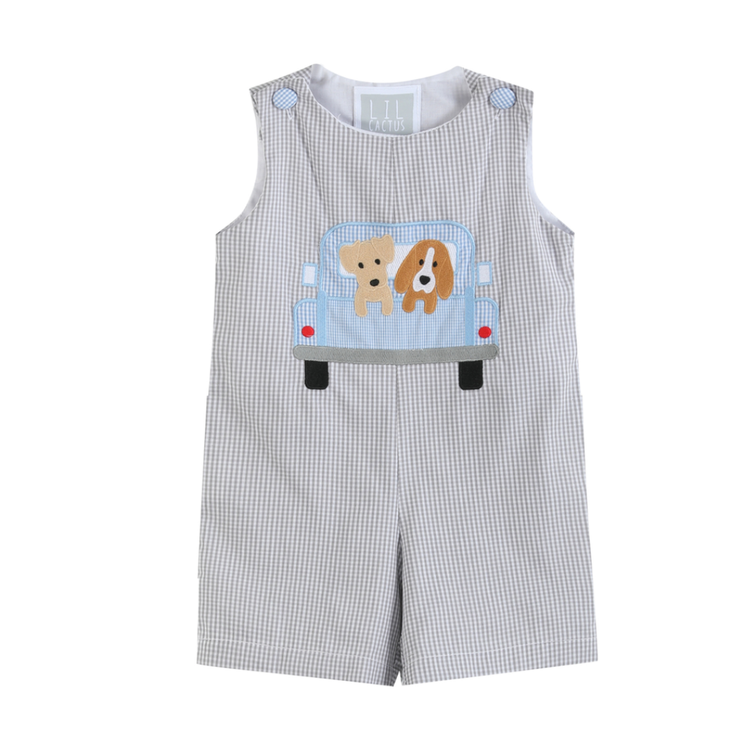 Grey Gingham Puppies in Truck Shortall