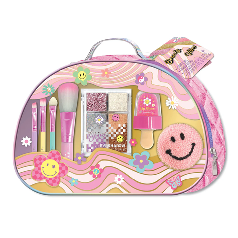 Groovy kids' beauty bag with pastel flower design, shimmer eyeshadow palette, makeup brushes, lip gloss pop, and pink smiley sponge inside a sparkly case.