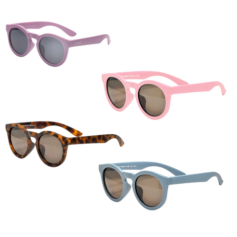 Four Chill sunglasses in dusty rose, pink, blue, and tortoise colors arranged for a style comparison.