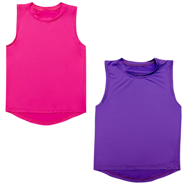 Girls’ high-low tank in hot pink and purple with a flowy fit and longer back hem