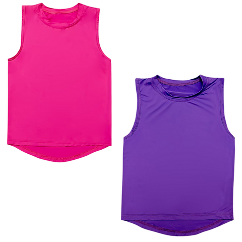Girls’ high-low tank in hot pink and purple with a flowy fit and longer back hem