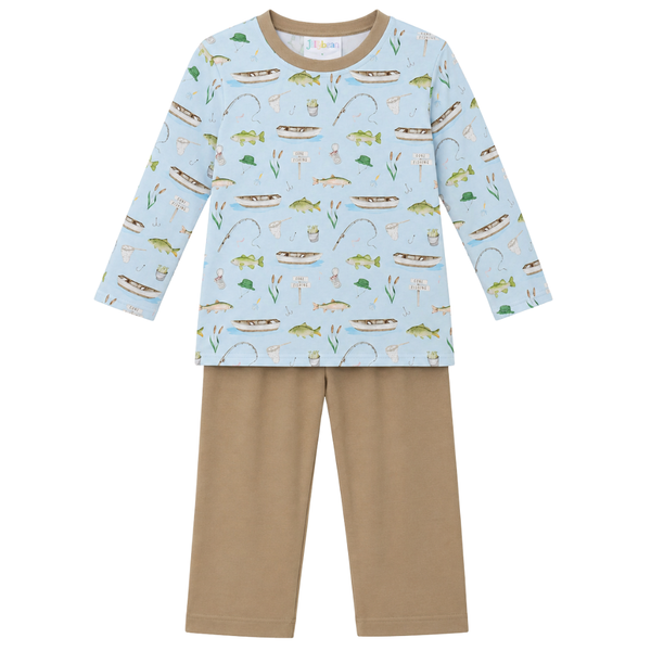 Boys fishing print long-sleeve shirt featuring fish, boats, and fishing gear paired with solid khaki knit pants.